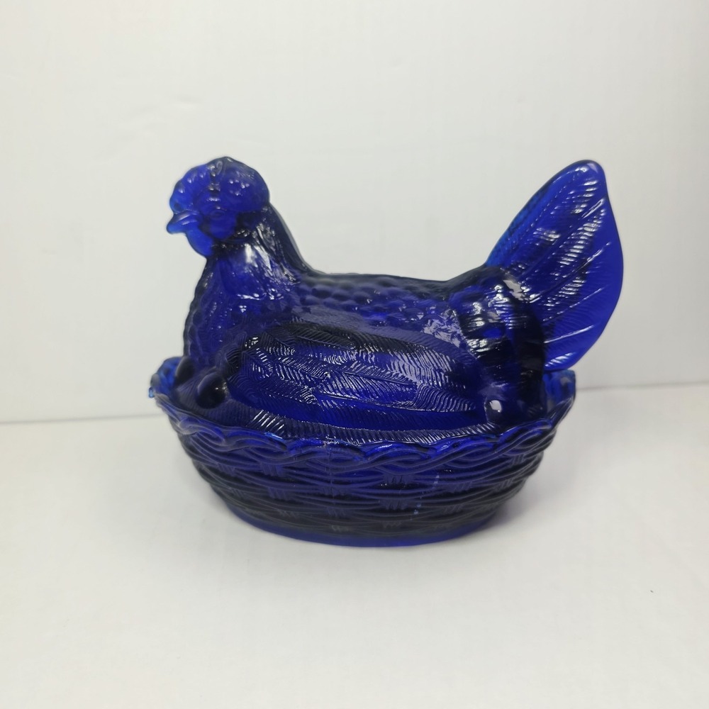 Vintage Hen On Nest Cobalt Blue  Glass Candy Dish 5" X 6"